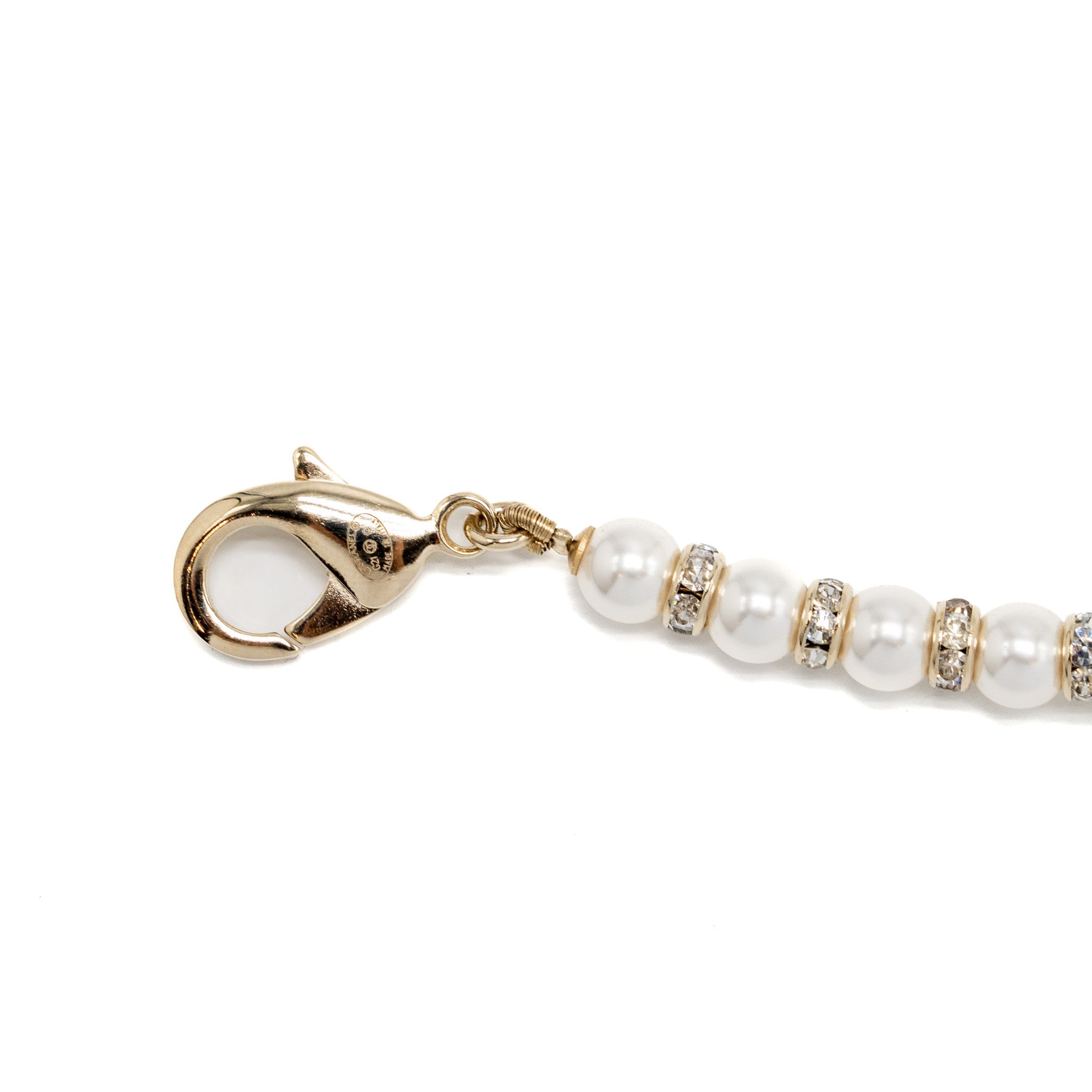 CHANEL CRYSTAL & PEARL CC LOGO BRACELET LIGHT GOLD TONE
