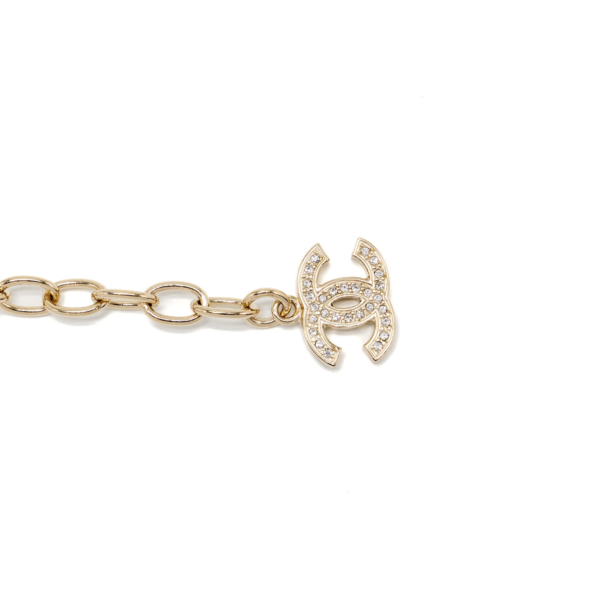 CHANEL CRYSTAL & PEARL CC LOGO BRACELET LIGHT GOLD TONE