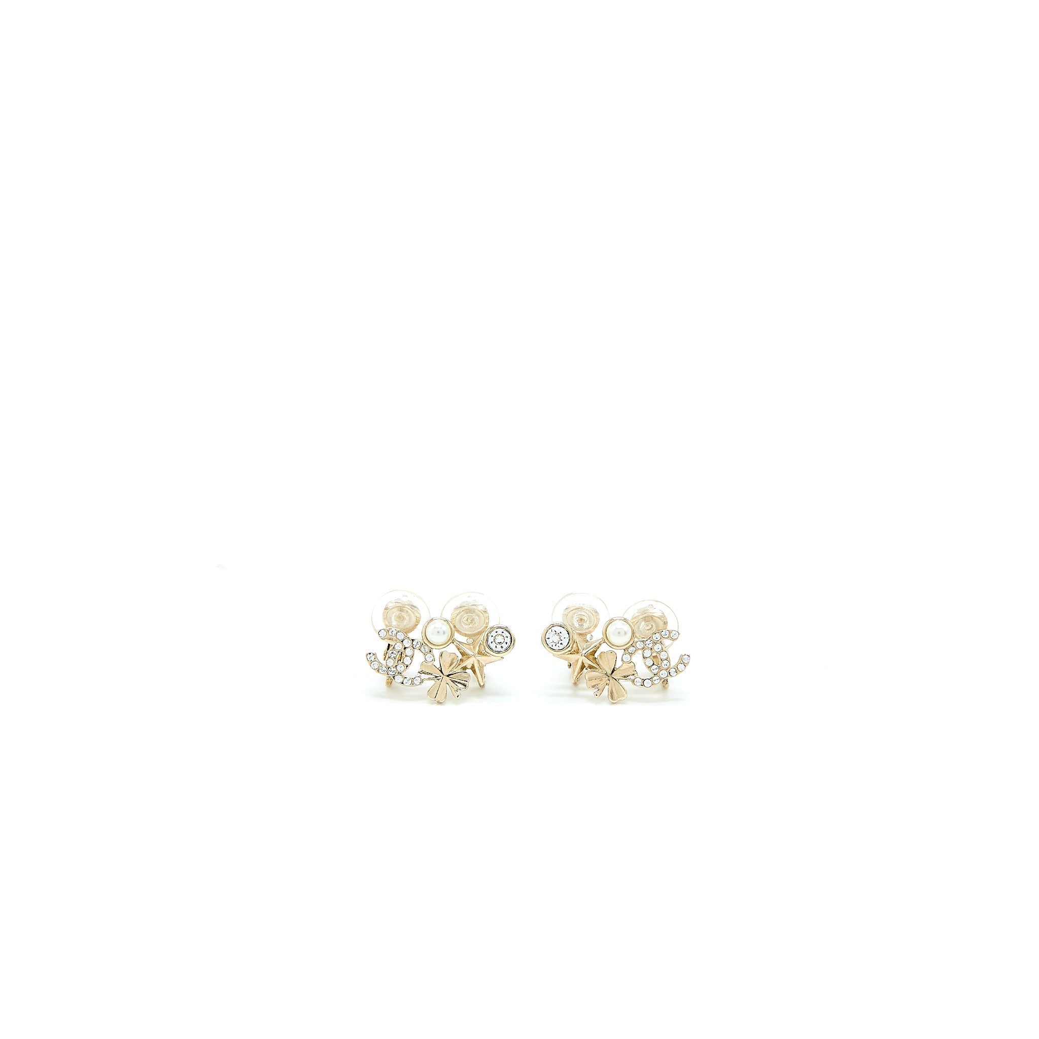 CHANEL CC LOGO FLOWER EAR CLIP CRYSTAL/PEARL LIGHT GOLD TONE