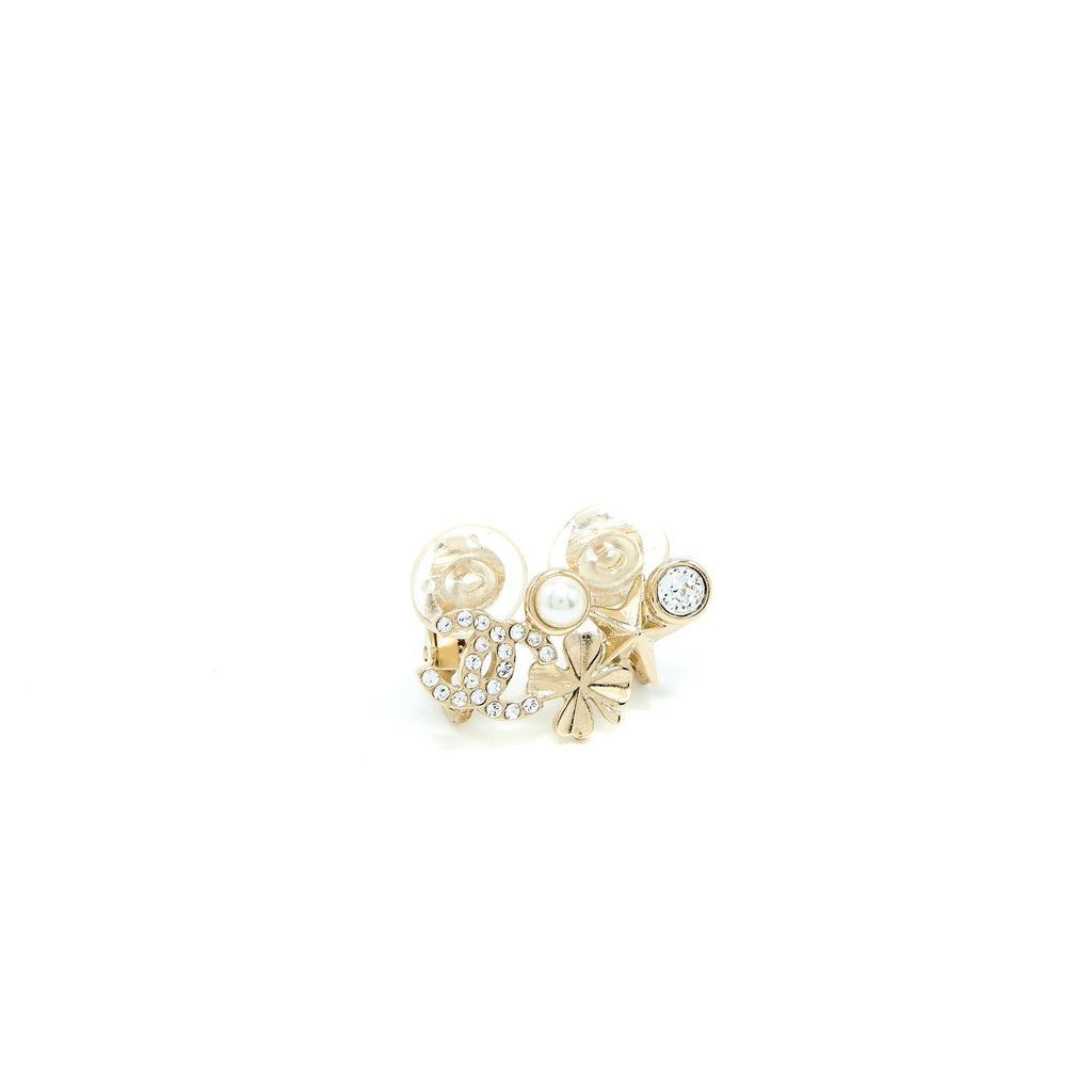 CHANEL CC LOGO FLOWER EAR CLIP CRYSTAL/PEARL LIGHT GOLD TONE