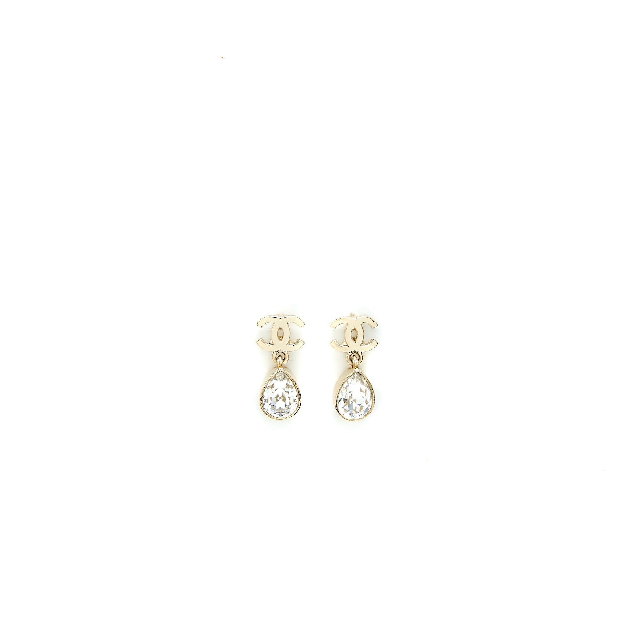 CHANEL CC LOGO DROP EARRINGS CRYSTAL LIGHT GOLD TONE