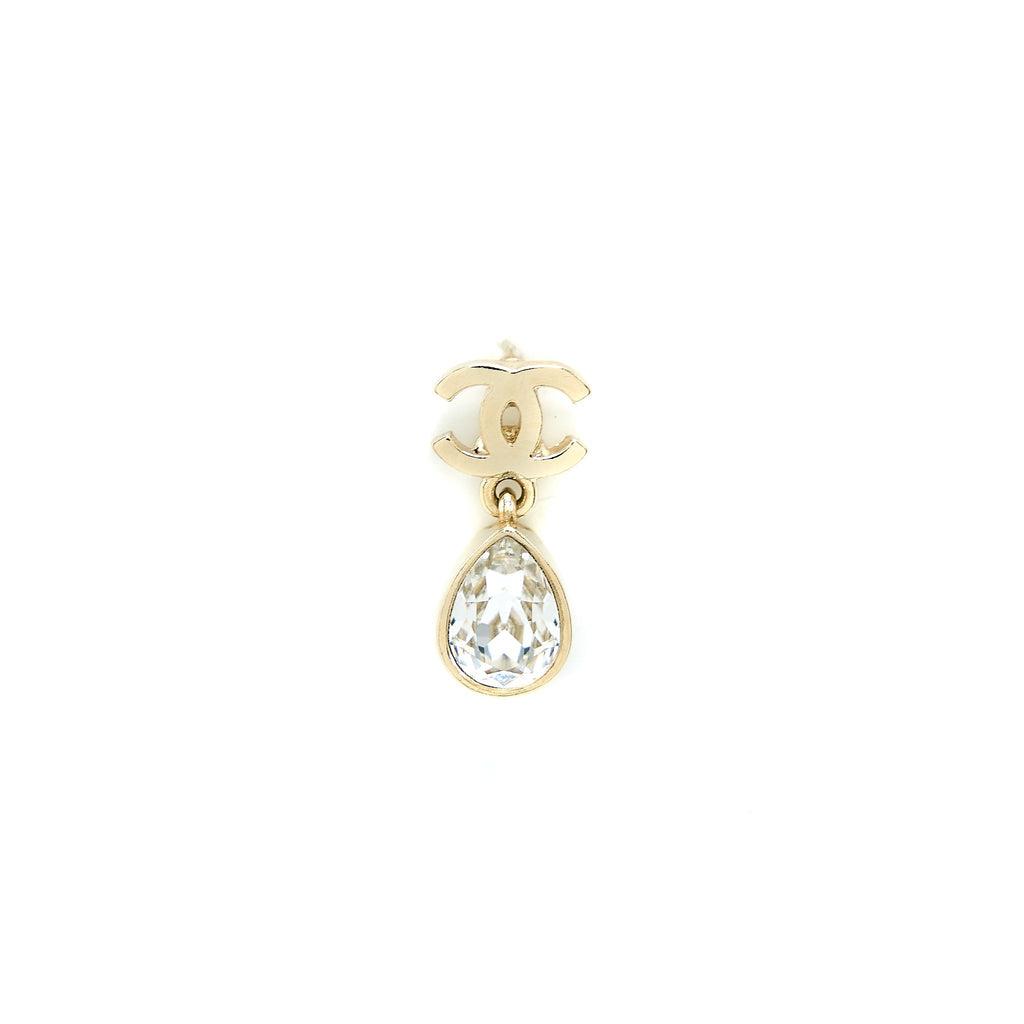 CHANEL CC LOGO DROP EARRINGS CRYSTAL LIGHT GOLD TONE
