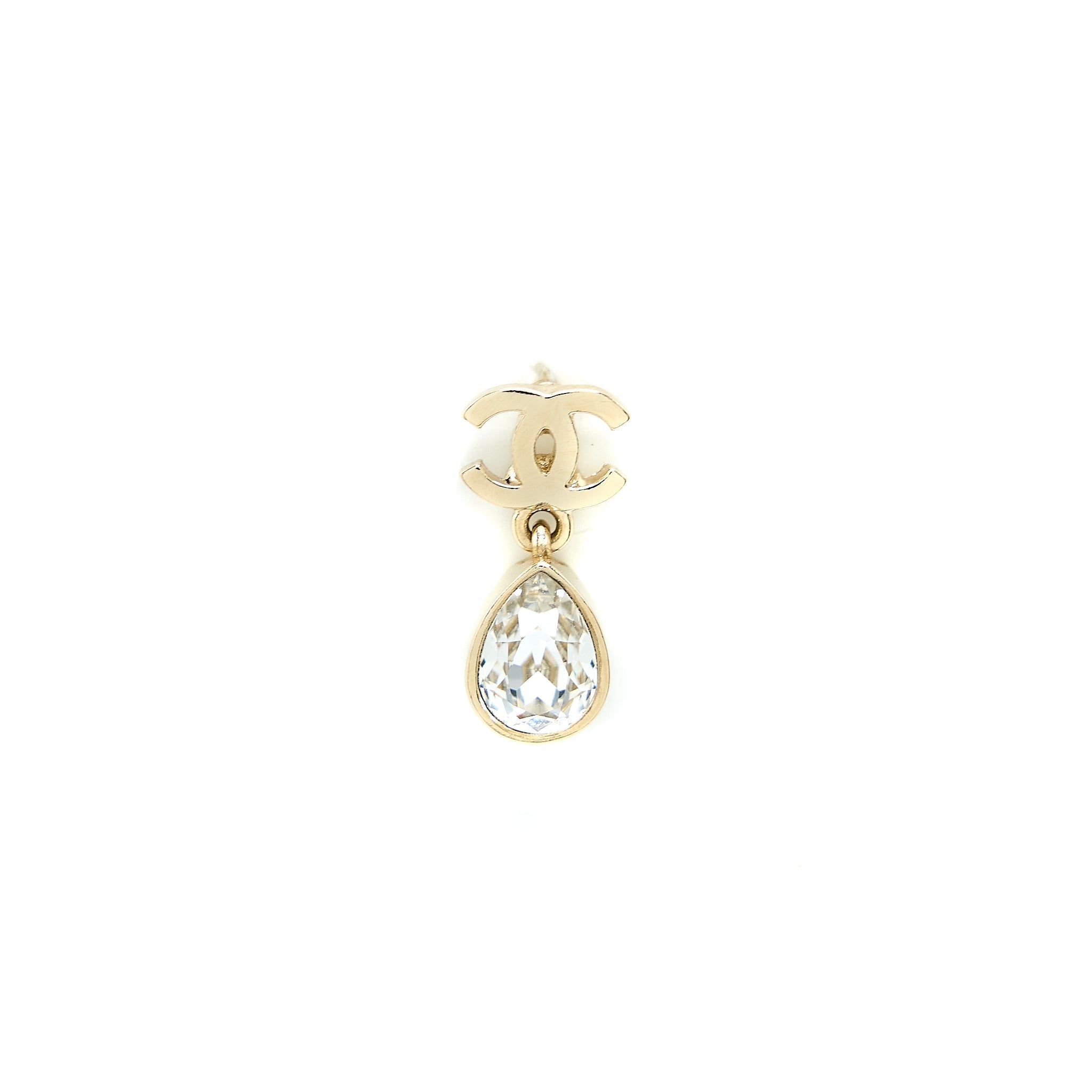 CHANEL CC LOGO DROP EARRINGS CRYSTAL LIGHT GOLD TONE