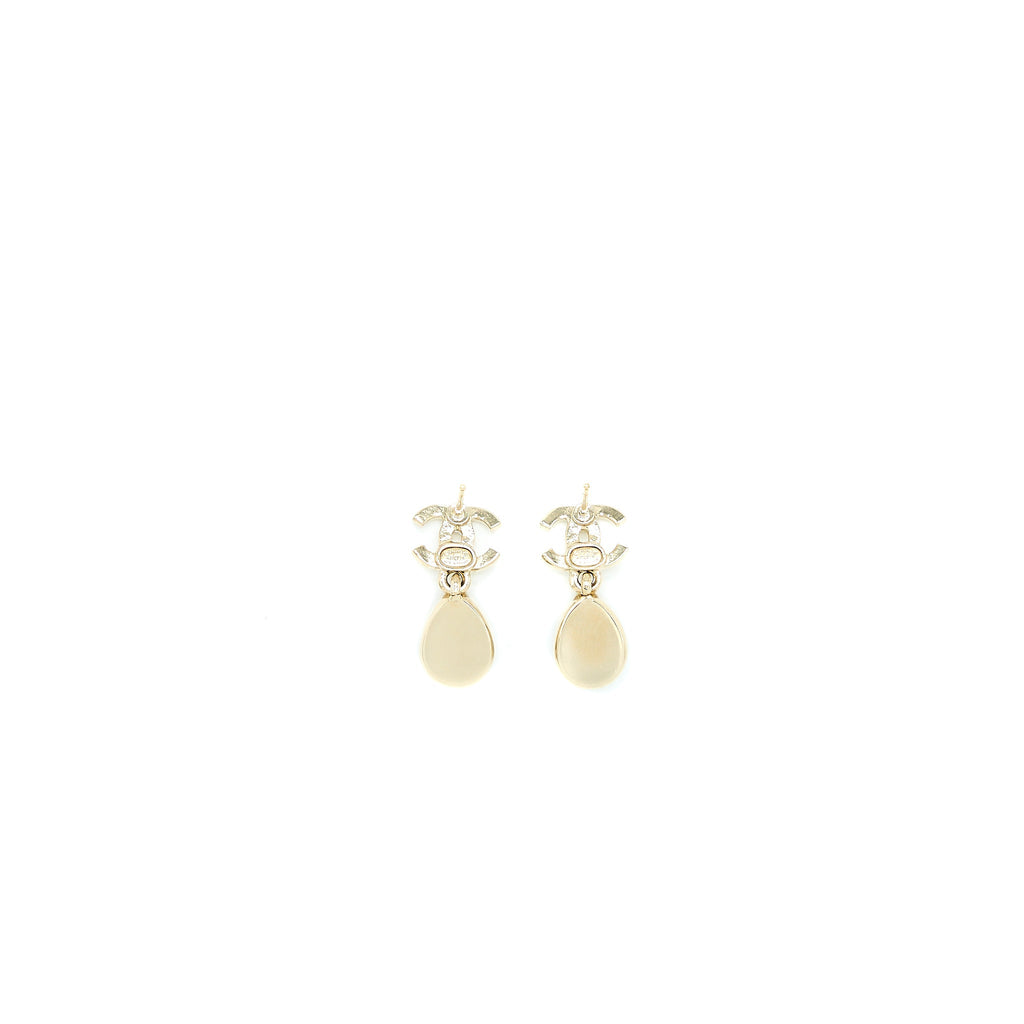 CHANEL CC LOGO DROP EARRINGS CRYSTAL LIGHT GOLD TONE