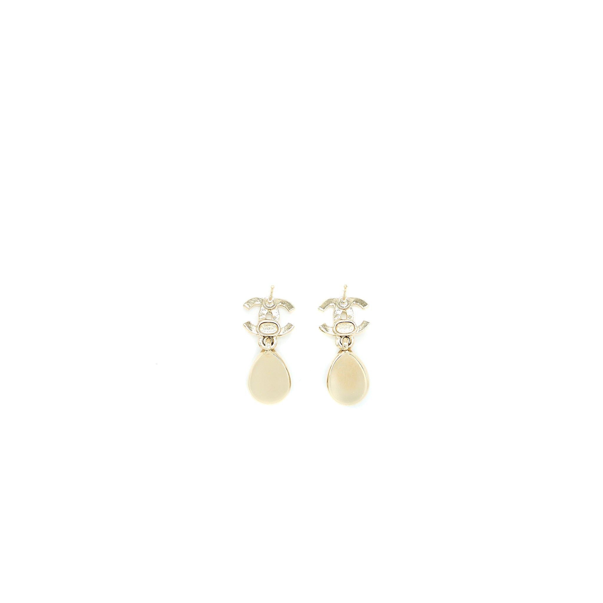 CHANEL CC LOGO DROP EARRINGS CRYSTAL LIGHT GOLD TONE
