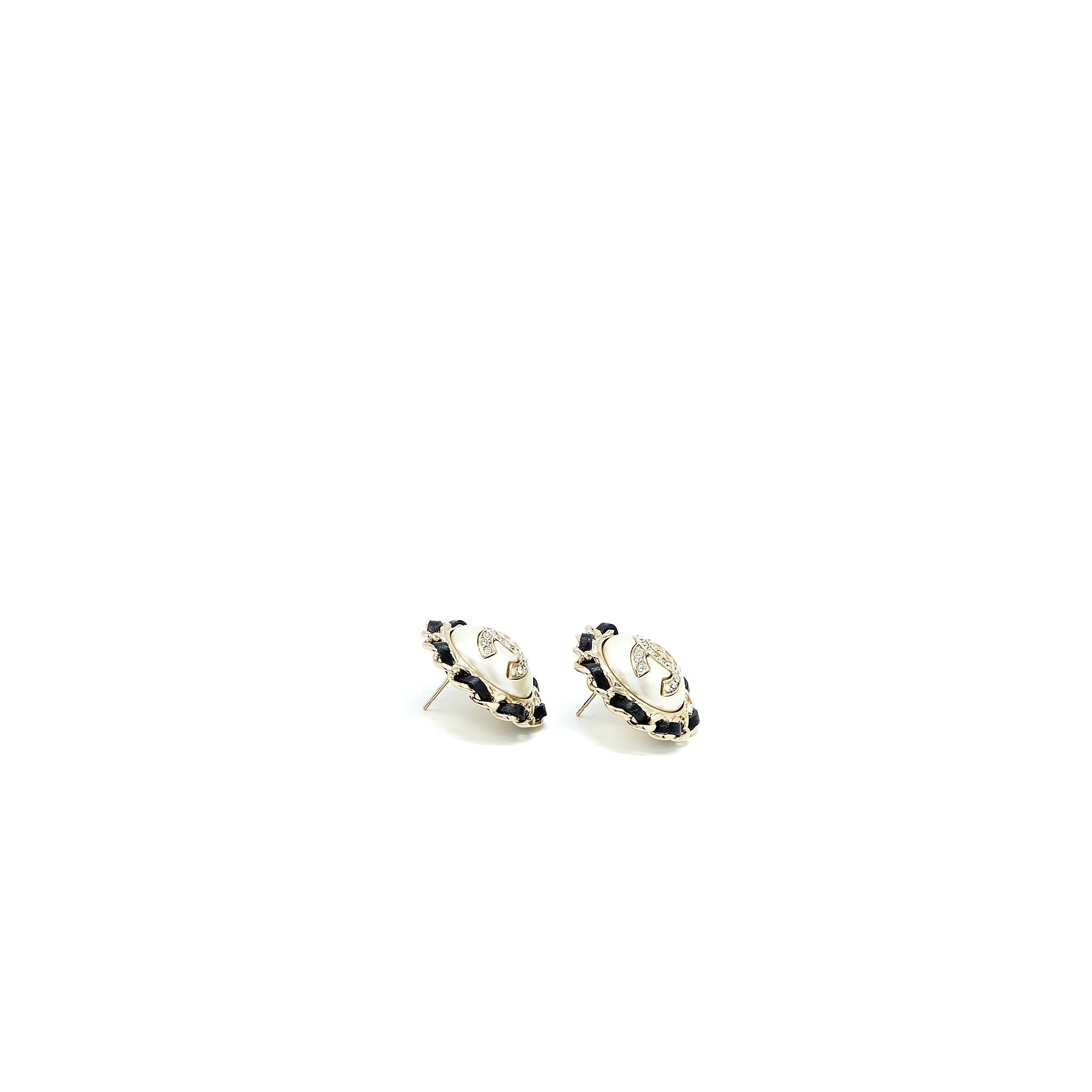 CHANEL GIANT ROUND CC LOGO EARRING LEATHER CHAIN/CRYSTAL LIGHT GOLD TONE