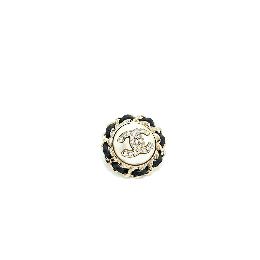 CHANEL GIANT ROUND CC LOGO EARRING LEATHER CHAIN/CRYSTAL LIGHT GOLD TONE