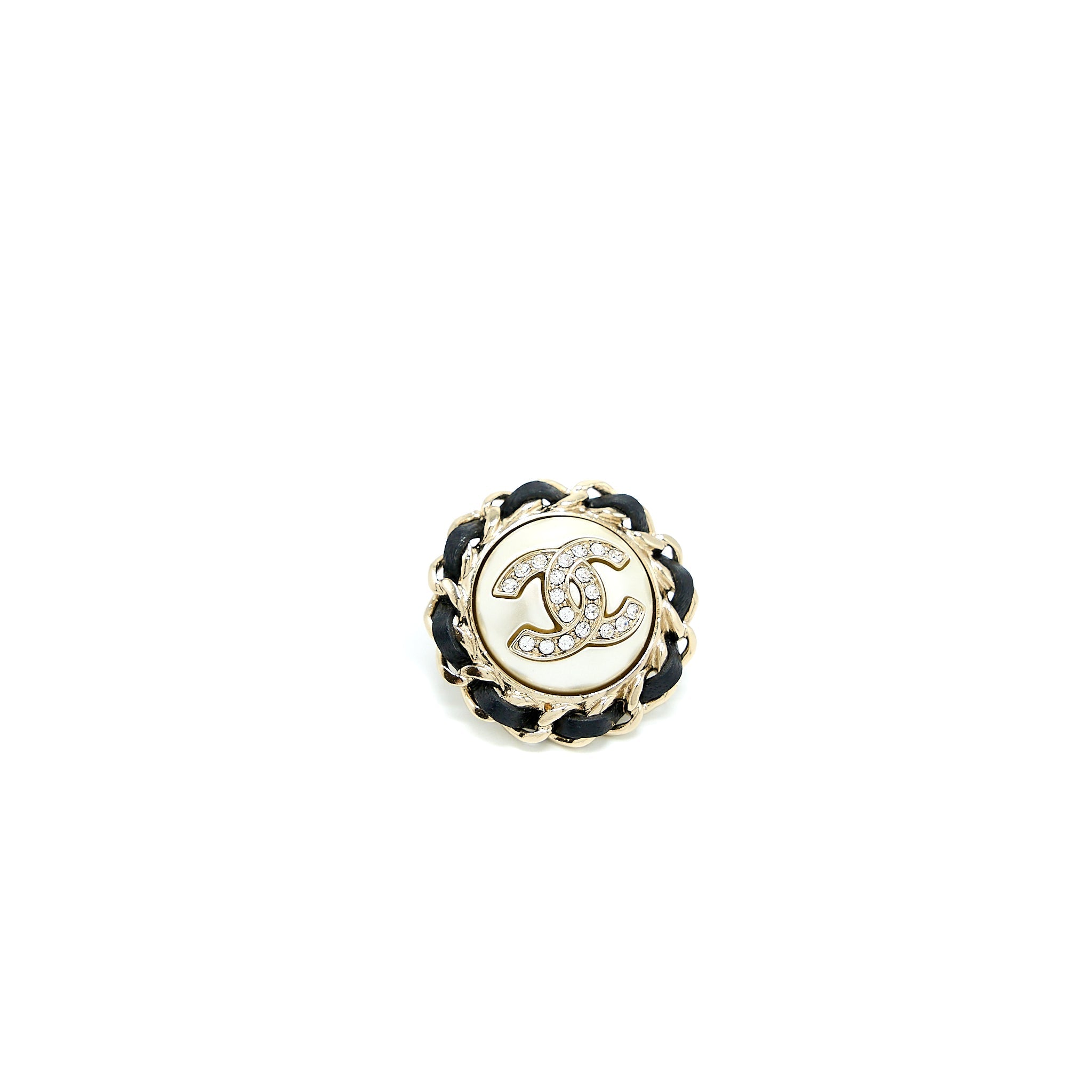 CHANEL GIANT ROUND CC LOGO EARRING LEATHER CHAIN/CRYSTAL LIGHT GOLD TONE