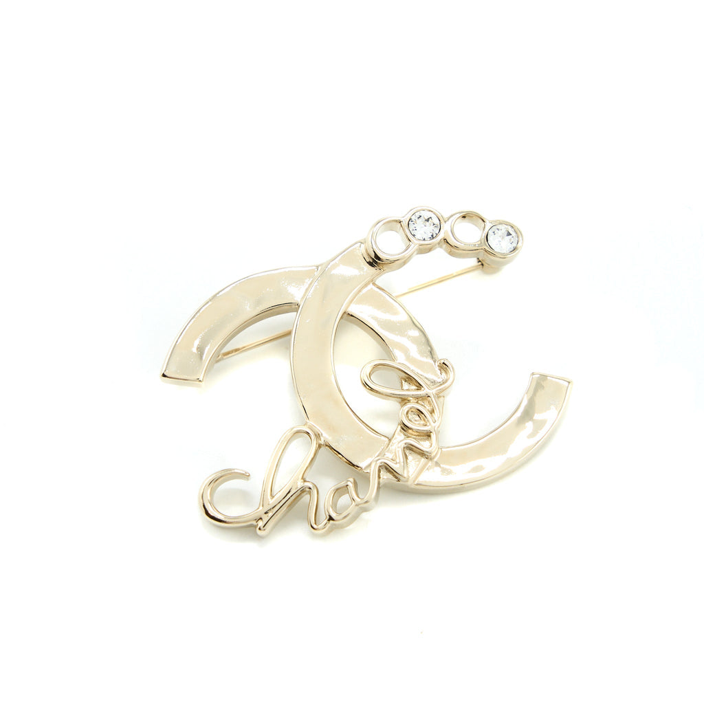 CHANEL CC LOGO COCO LETTER BROOCH CRYSTAL LIGHT GOLD TONE