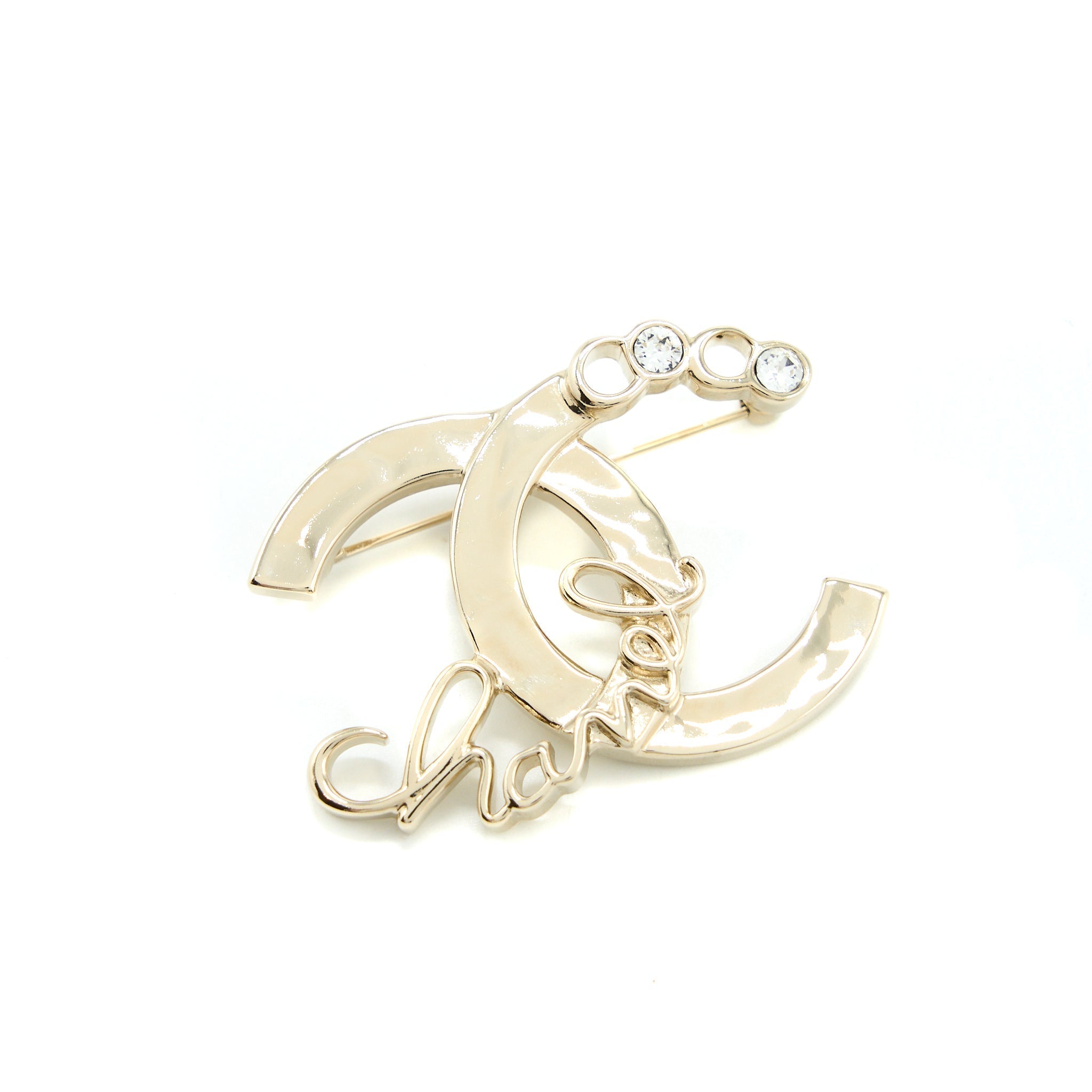 CHANEL CC LOGO COCO LETTER BROOCH CRYSTAL LIGHT GOLD TONE