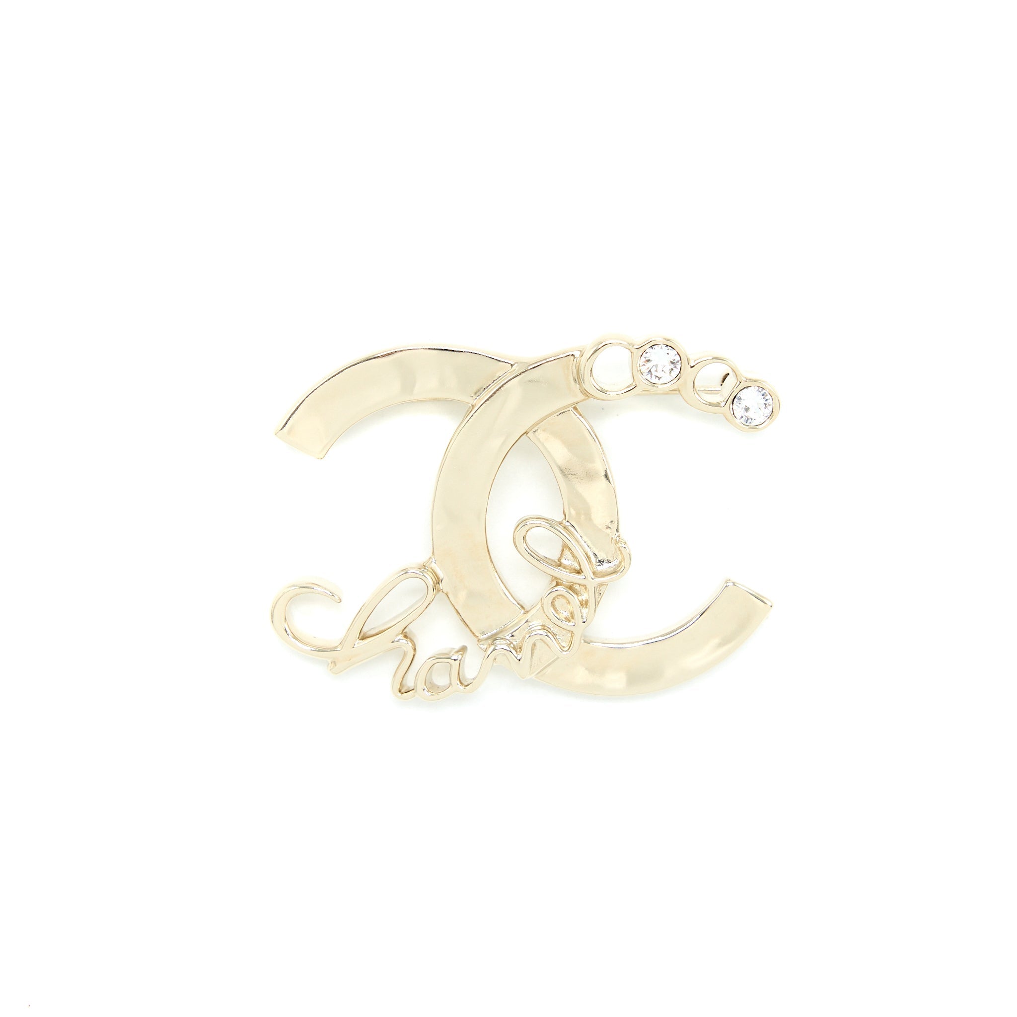 CHANEL CC LOGO COCO LETTER BROOCH CRYSTAL LIGHT GOLD TONE
