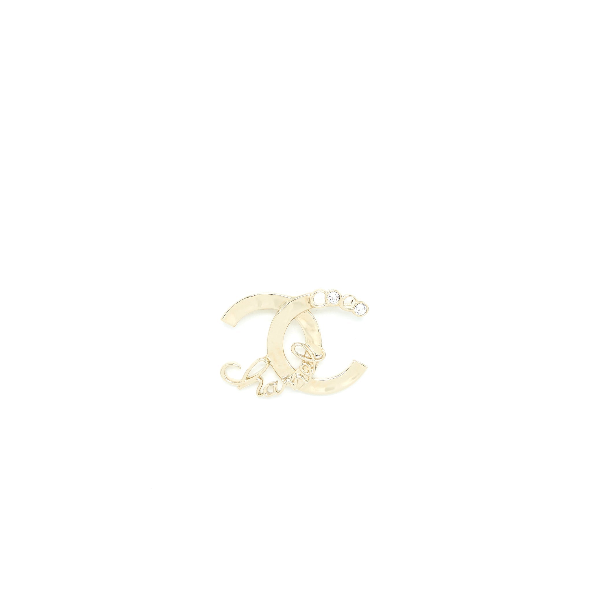 CHANEL CC LOGO COCO LETTER BROOCH CRYSTAL LIGHT GOLD TONE