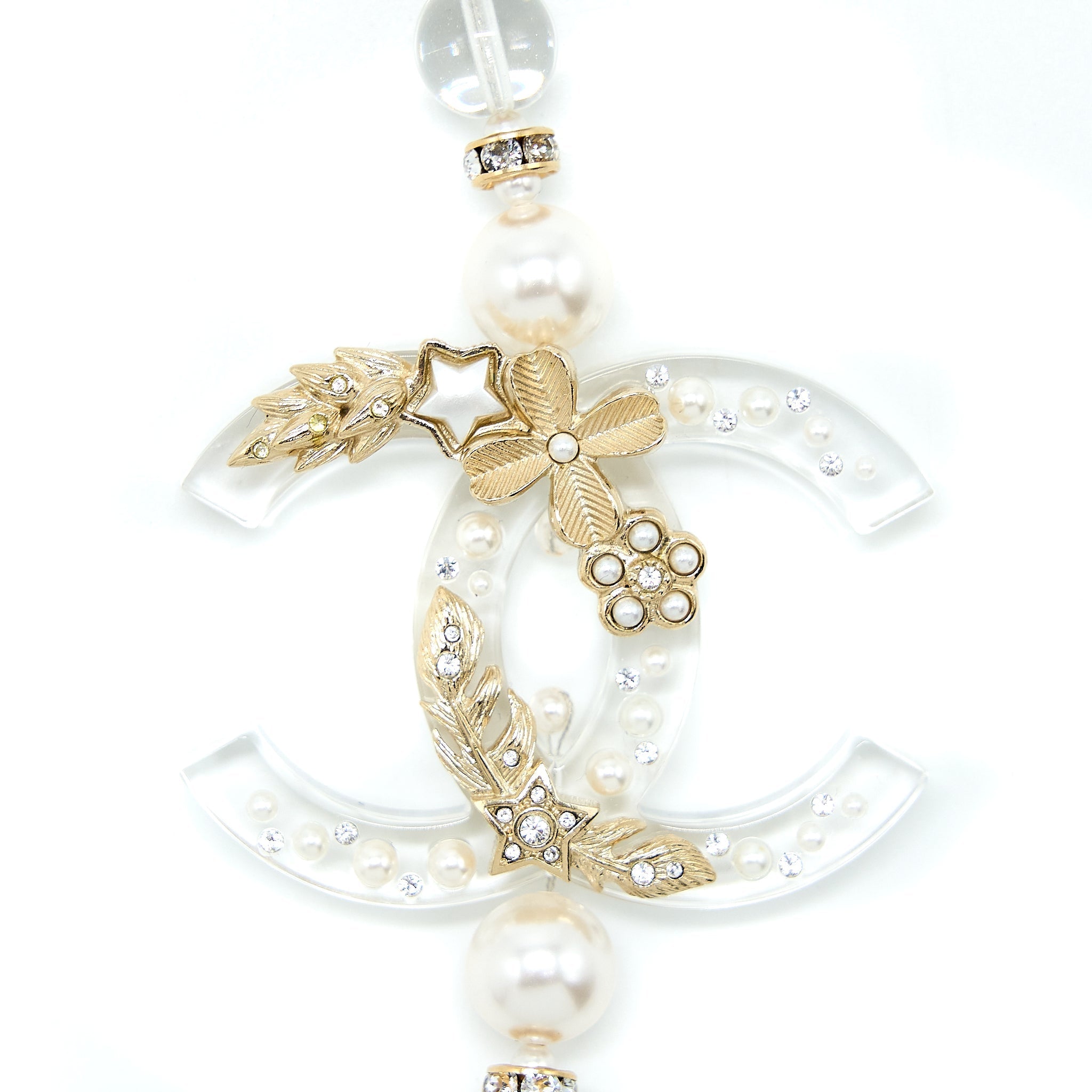 CHANEL CC LOGO NECKLACE CRYSTAL/PEARL/ARCYLIC STRASS LIGHT GOLD TONE