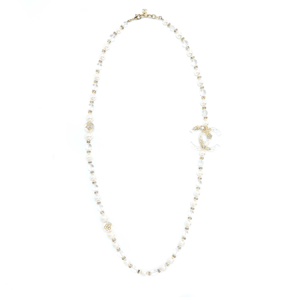 CHANEL CC LOGO NECKLACE CRYSTAL/PEARL/ARCYLIC STRASS LIGHT GOLD TONE
