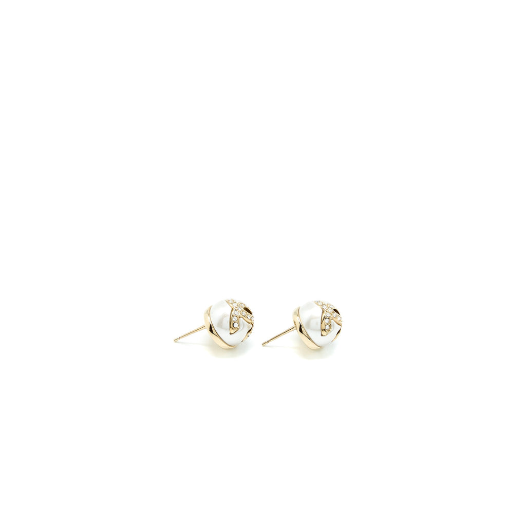 CHANEL CC LOGO EARRINGS PEARL/CRYSTAL LIGHT GOLD TONE