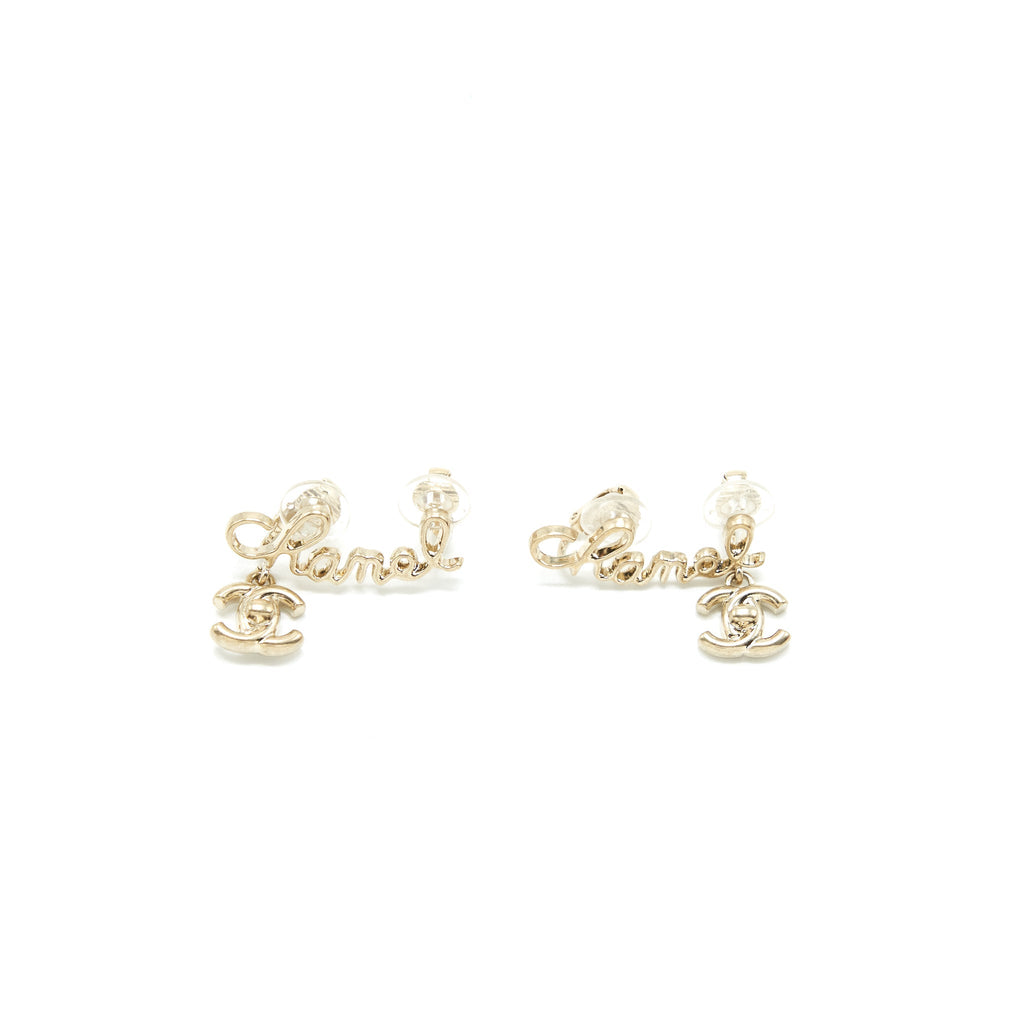 CHANEL LETTER AND CC DROP EAR CLIP LIGHT GOLD TONE