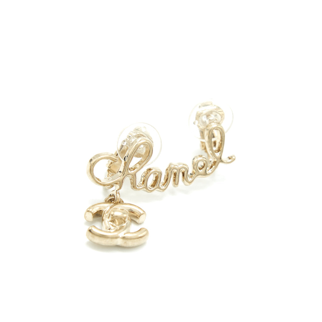 CHANEL LETTER AND CC DROP EAR CLIP LIGHT GOLD TONE