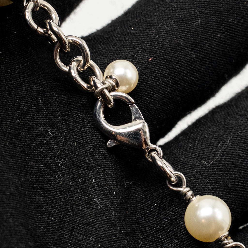 CHANEL PEARL AND CC LOGO WITH CRYSTAL LONG NECKLACE SILVER TONE