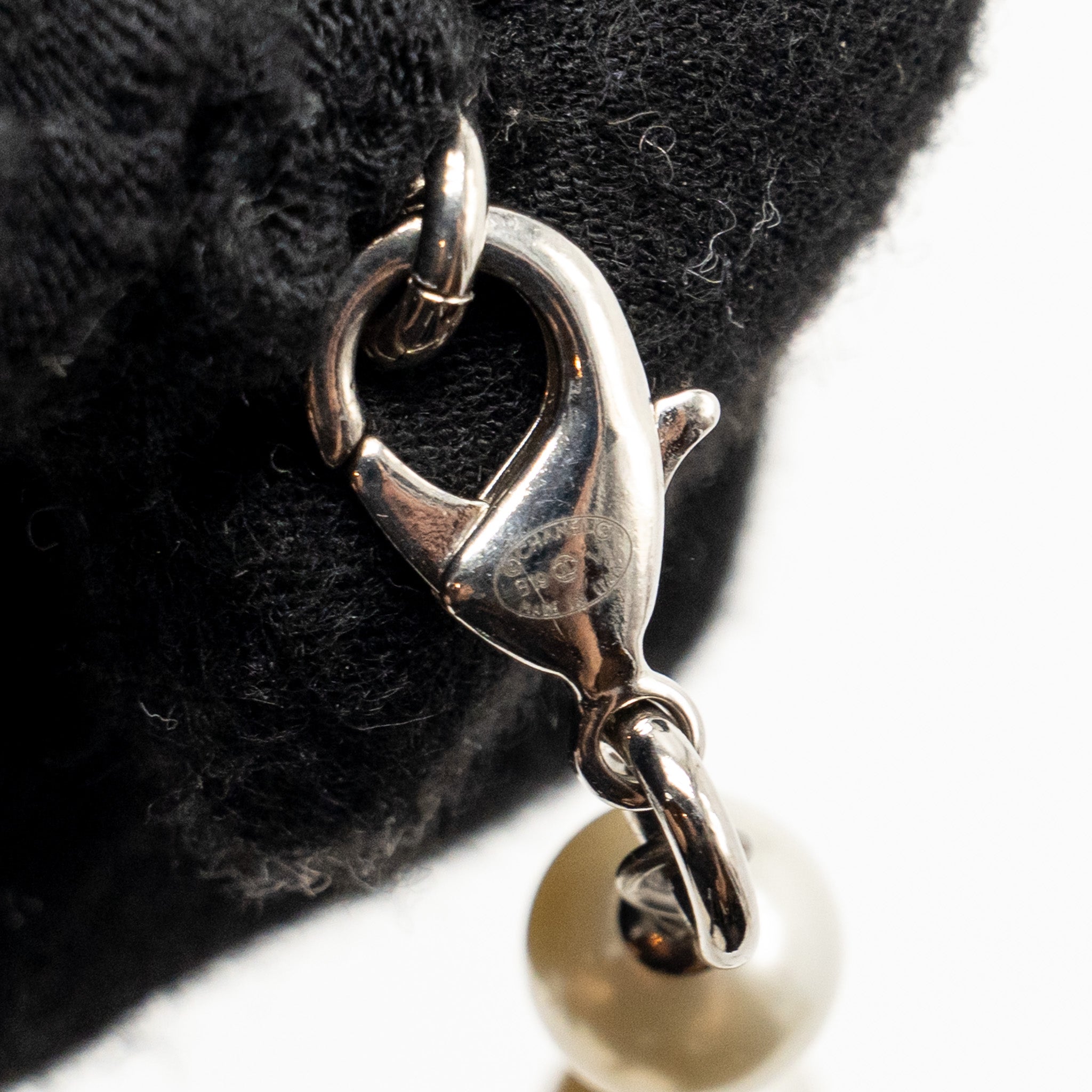 CHANEL PEARL AND CC LOGO WITH CRYSTAL LONG NECKLACE SILVER TONE
