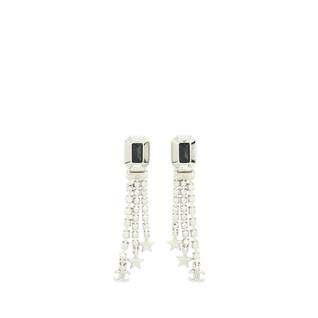 CHANEL SQUARE WITH CRYSTAL AND STAR DROPPING EARRINGS SILVER TONE