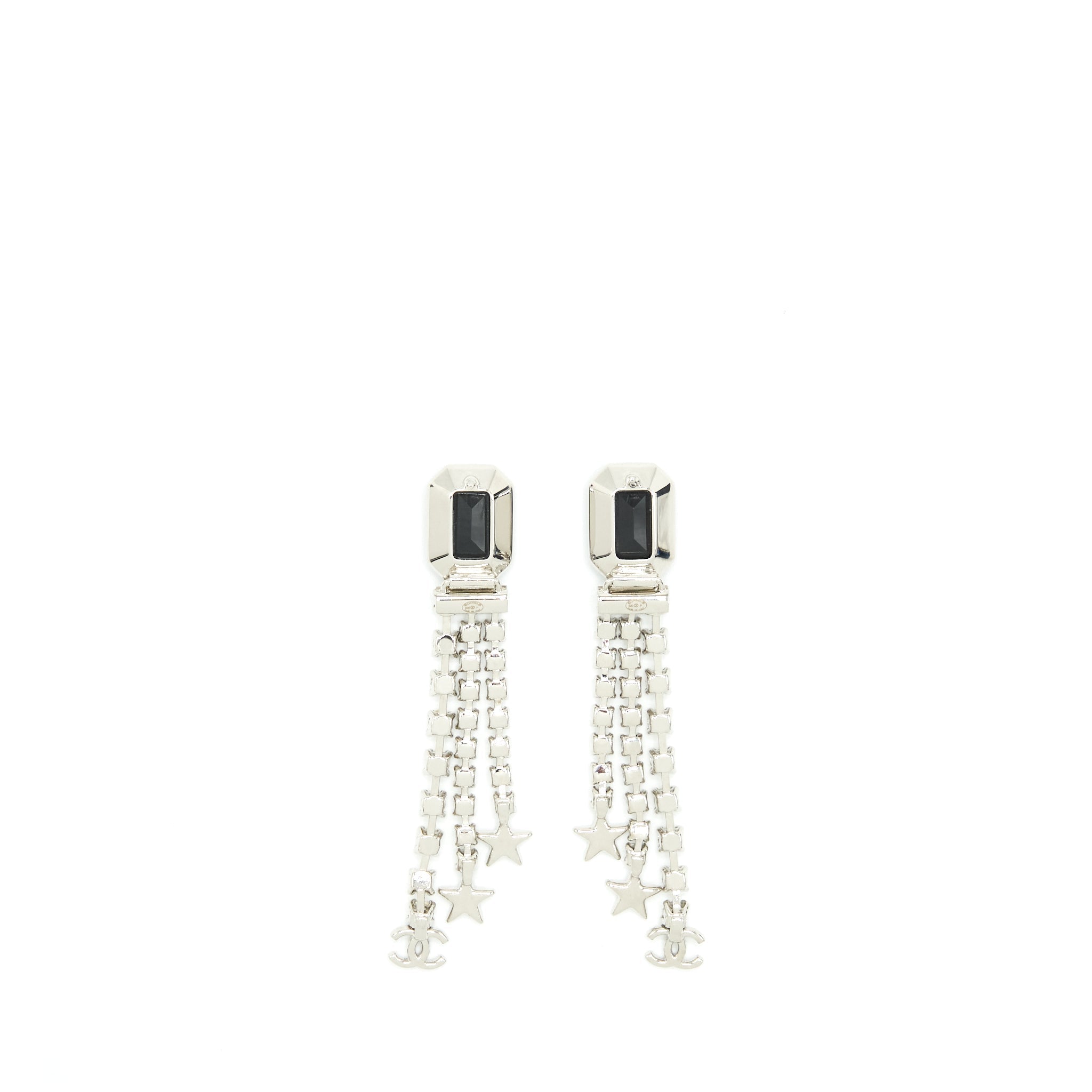CHANEL SQUARE WITH CRYSTAL AND STAR DROPPING EARRINGS SILVER TONE