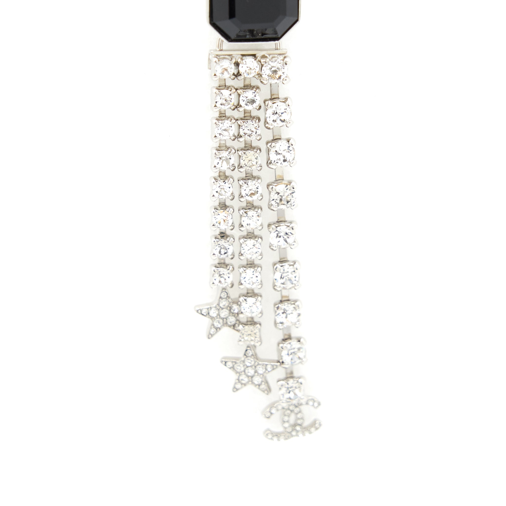 CHANEL SQUARE WITH CRYSTAL AND STAR DROPPING EARRINGS SILVER TONE