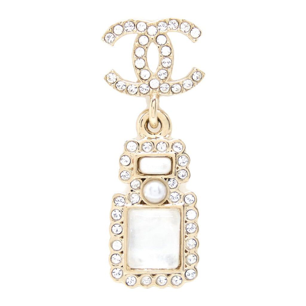 CHANEL CRYSTAL AND STUD CC PERFUME DROP EARRING LGHW