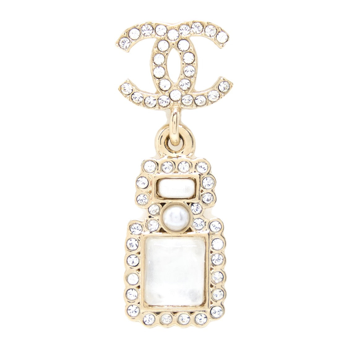 CHANEL CRYSTAL AND STUD CC PERFUME DROP EARRING LGHW