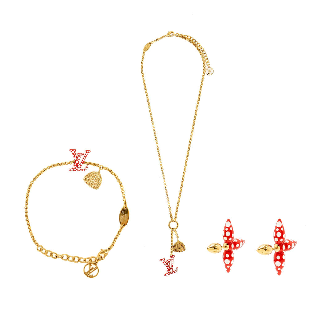 LOUIS VUITTON X YAYOI KUSAMA INFINITY DOTS WITH PUMPKIN CHARM NECKLACE, BRACELET, EARRINGS RED GOLD TONE (SELL IN A SET)