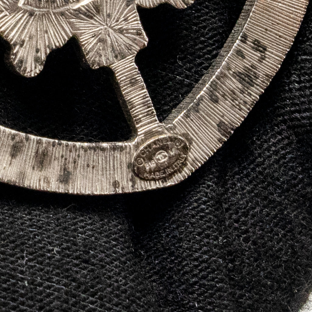 CHANEL SHIELD BROOCH CRYSTAL SILVER TONE
