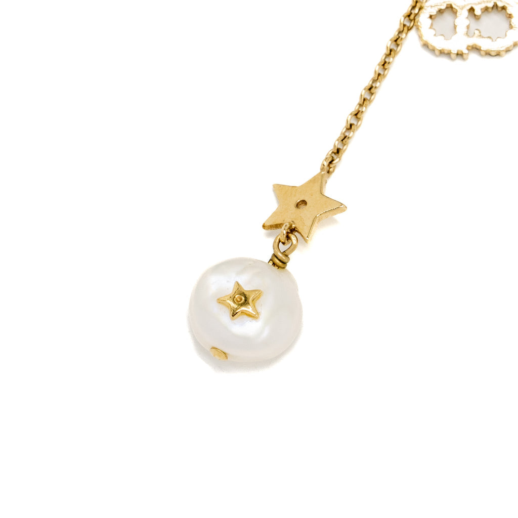 DIOR CD STAR AND PEARL DROP NECKLACE CRYSTAL GOLD TONE