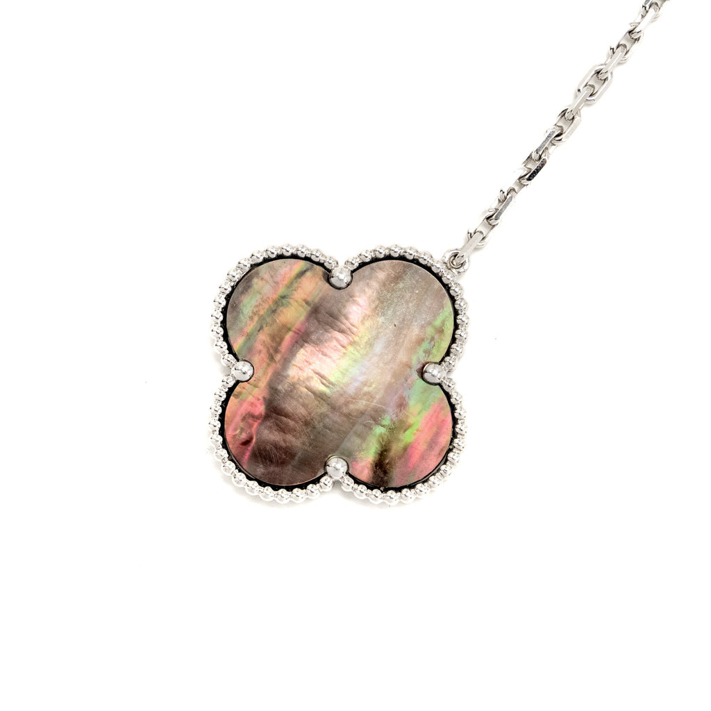 VAN CLEEF AND ARPELS MAGIC ALHAMBRA NECKLACE, 6 MOTIFS WHITE GOLD/ WHITE AND GREY MOTHER OF PEARL/ CHALCEDONY