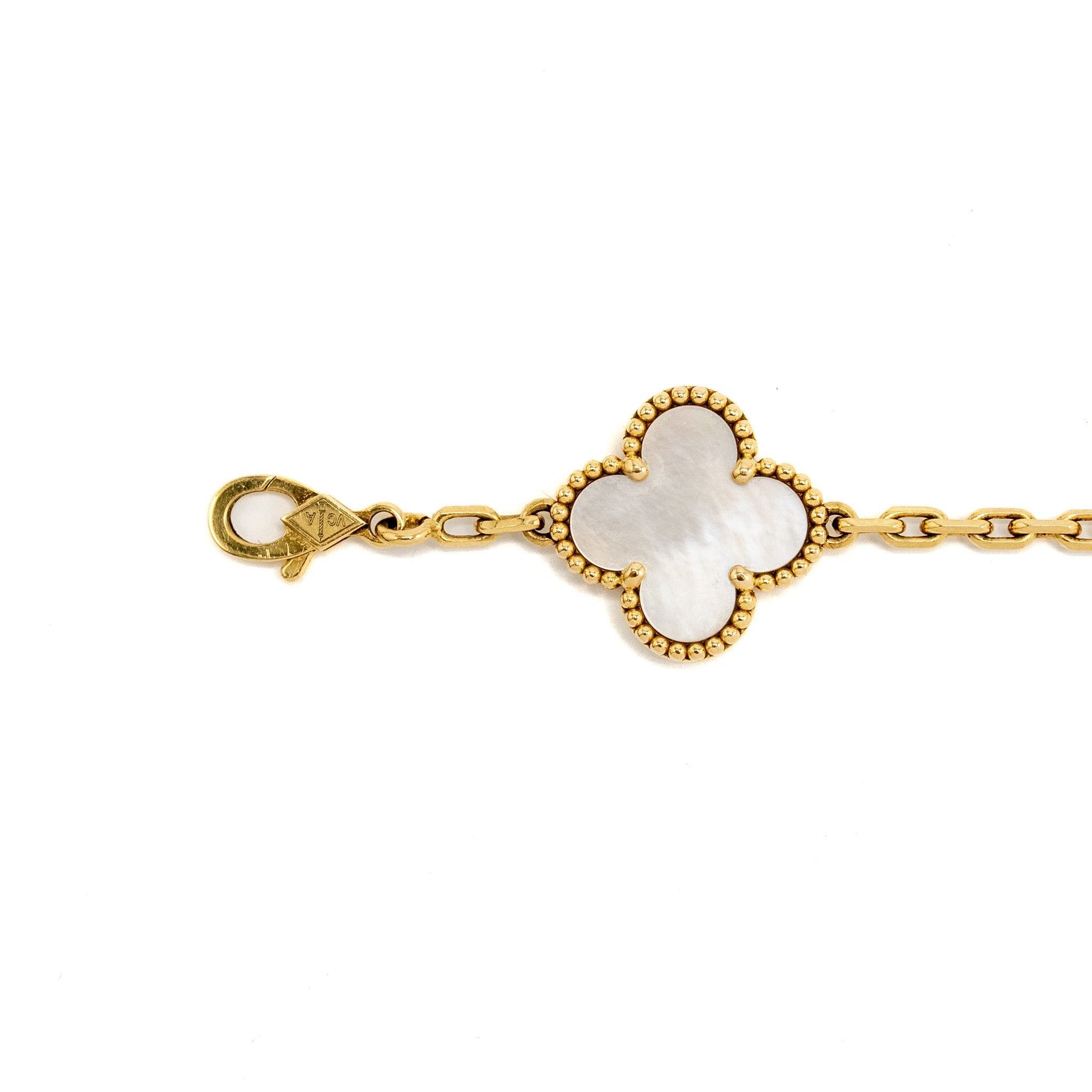 VAN CLEEF & ARPELS VINTAGE ALHAMBRA 5 MOTIF BRACELET YELLOW GOLD / WHITE MOTHER OF PEARL