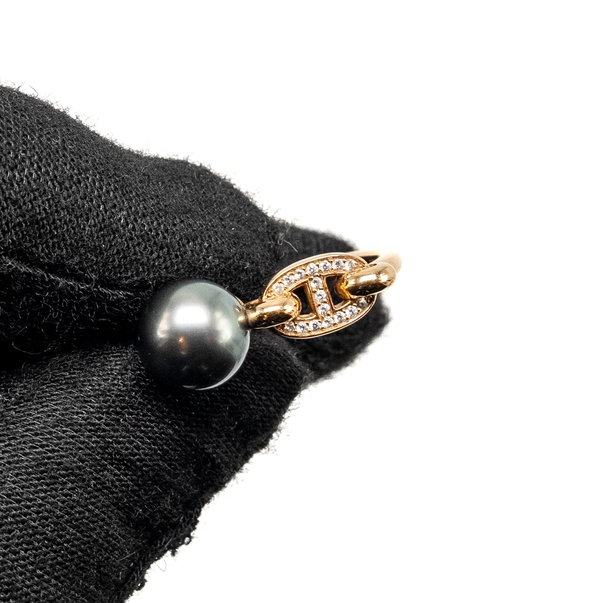 HERMES ALBERTINE CHAIN D’ANCRE RING 18K ROSE GOLD/ DIAMONDS/ TAHITIAN BLACK PEARL