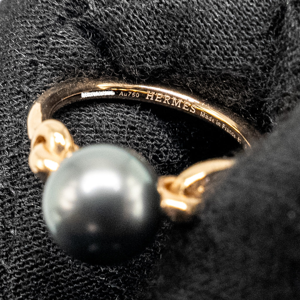 HERMES ALBERTINE CHAIN D’ANCRE RING 18K ROSE GOLD/ DIAMONDS/ TAHITIAN BLACK PEARL