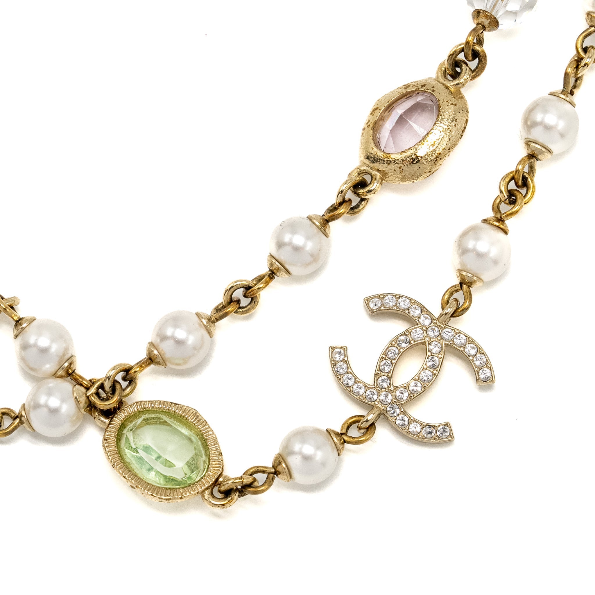 CHANEL CC LOGO/PEARL/CRYSTAL LONG NECKLACE LIGHT GOLD TONE