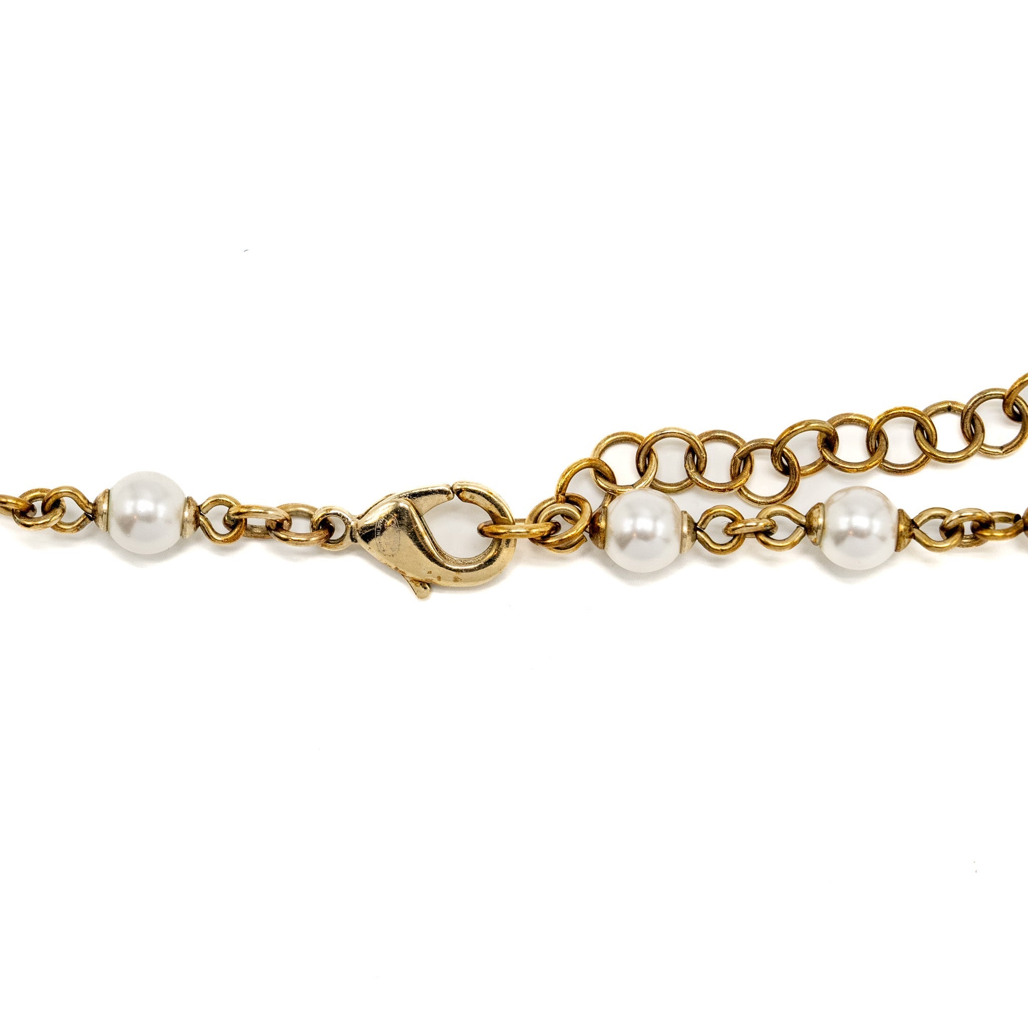 CHANEL CC LOGO/PEARL/CRYSTAL LONG NECKLACE LIGHT GOLD TONE