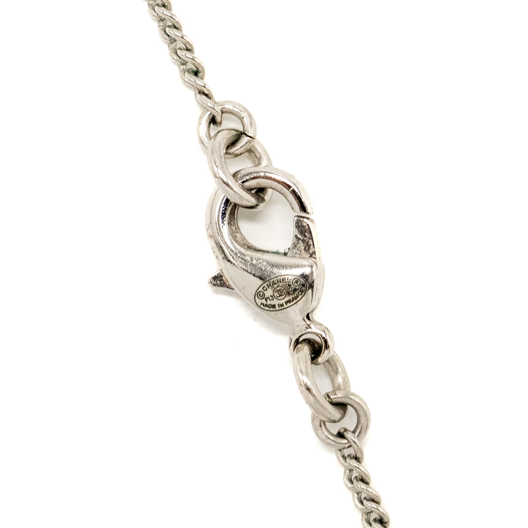 CHANEL CC LOGO NECKLACE CRYSTAL SILVER TONE