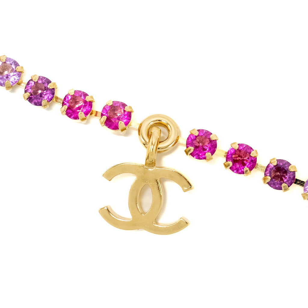CHANEL CC LOGO DROPPED NECKLACE/CHOCKER MULTICOLOUR CRYSTAL GOLD TONE