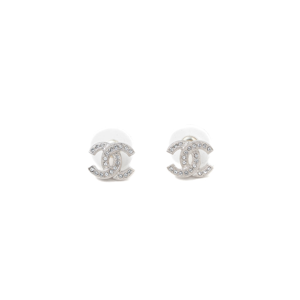 CHANEL CLASSIC MINI CC LOGO EARRINGS SILVER TONE