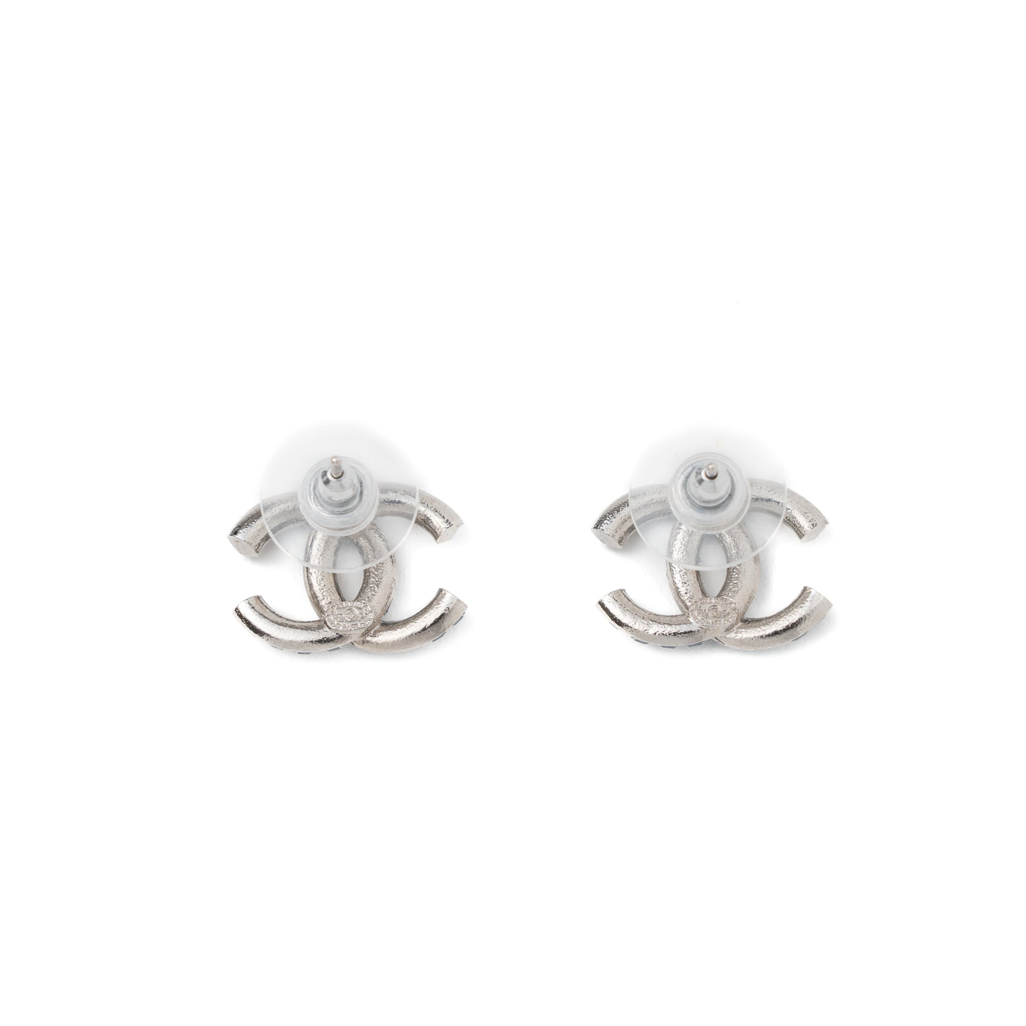 CHANEL CC LOGO CRYSTAL EARRING SLIVER TONE