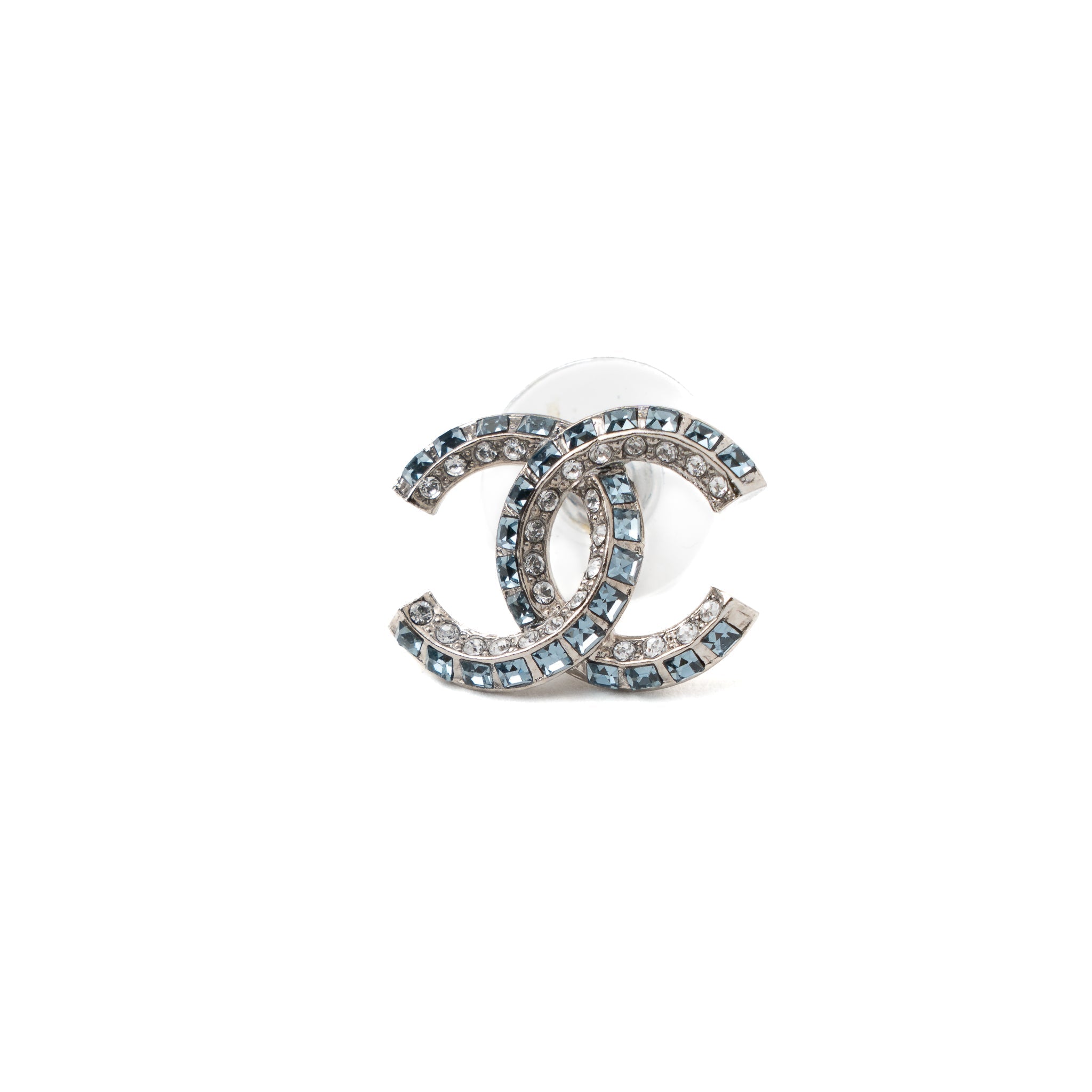 CHANEL CC LOGO CRYSTAL EARRING SLIVER TONE